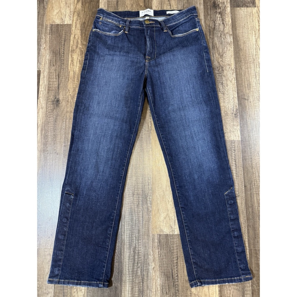 Frame Meribel Women's 28 Le High‎ Straight Leg Snap Buttons Hem Dark Wash Jeans